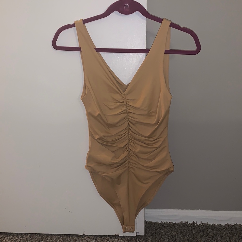 Ruched V-Neck Gold Bodysuit from Forever 21 Size S